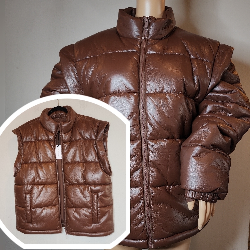NWT WeWoreWhat Brown‎ Faux Leather 2 In 1 Coat Vest Snap Off Sleeves Size M